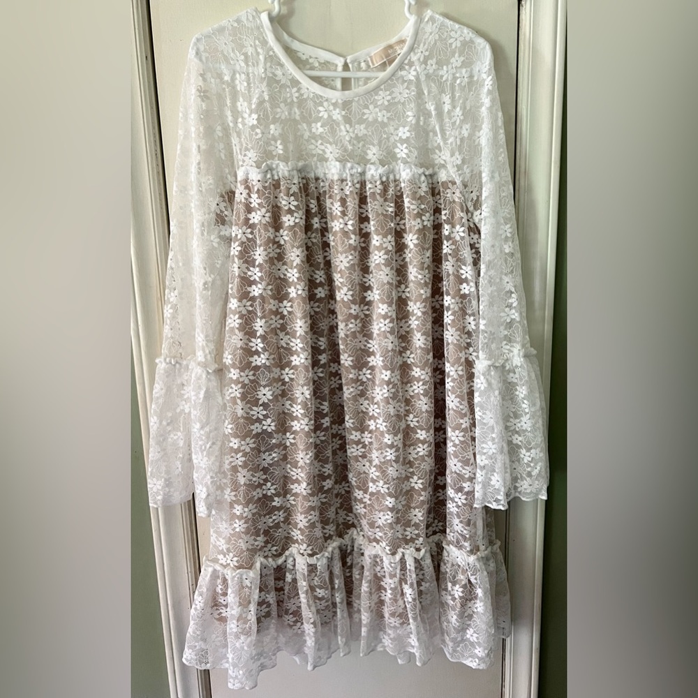 Michael Kors Long Sleeve Floral Lace Dress White Lined Nude XL Summer